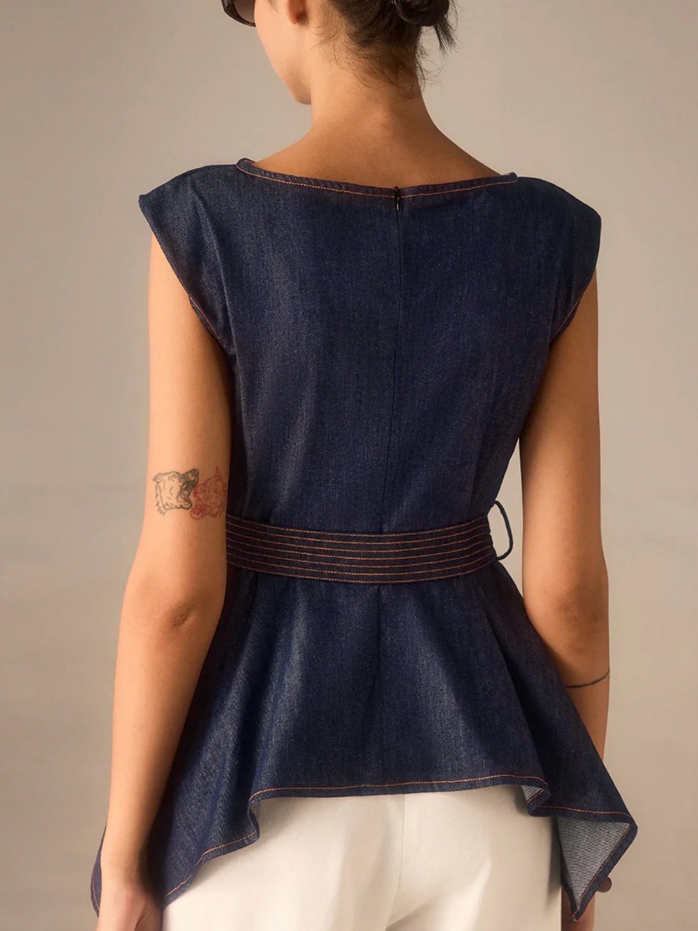 Commense Dark Indigo Denim Peplum Top with Belted Ring - Picture 2 of 4